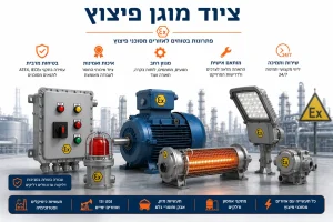 מגוון ציוד מוגן פיצוץ ATEX ו-IECEx מבית רמי רז כולל לוחות בקרה, מנועים, מחממים, גופי תאורה וצופרים לאזורים מסוכנים.