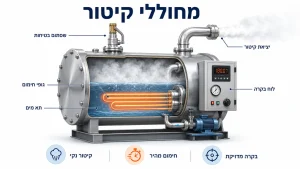 דיאגרמה של מחולל קיטור תעשייתי מבית רמי רז המציגה גופי חימום, תא מים, שסתום בטיחות, יציאת קיטור ולוח בקרה דיגיטלי