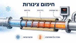 דיאגרמה המציגה מערכת חימום צינורות הכוללת כבל חימום, בידוד תרמי ובקר טמפרטורה למניעת קפיאה ושמירה על חום הנוזל