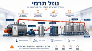 דיאגרמה של מערכת נוזל תרמי תעשייתית מבית רמי רז המציגה מחמם, משאבת סחרור, מיכל התפשטות, מחליף חום ומכלי תהליך